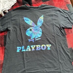 PLAYBOY Black Tee with Blue Tie-Dye Bunny Logo
